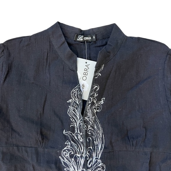 Women’s Black Tunic with White Embroidery Short Sleeve Open Front Size Small - Picture 3 of 7